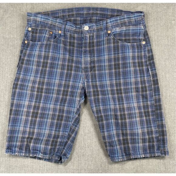 Levis 504‎ Jean Shorts Mens 36 Blue Black Plaid Regular Fit Classic Casual Y2K - Picture 1 of 11